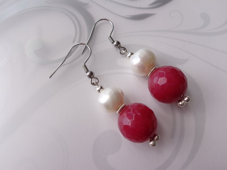 pink and white earrings pink raspberry jade earrings dangle earrings My special gift stone bead earrings Freshwater pearls earrings