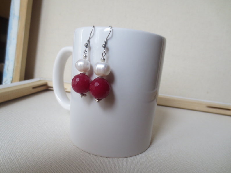 pink and white earrings pink raspberry jade earrings dangle earrings My special gift stone bead earrings Freshwater pearls earrings