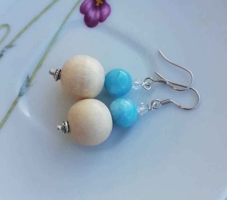 Light blue sky jade earrings wooden dangle earrings handmade jewelry light blue earrings gemstone earrings wooden earrings