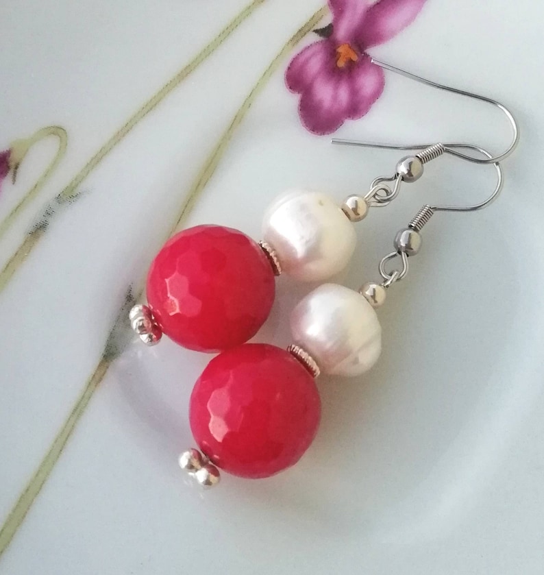 pink and white earrings pink raspberry jade earrings dangle earrings My special gift stone bead earrings Freshwater pearls earrings