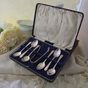Vintage Cased Set of 6 Silver Plated Teaspoons with Matching Sugar Tongs - Bead Pattern - circa 1940&#39;s