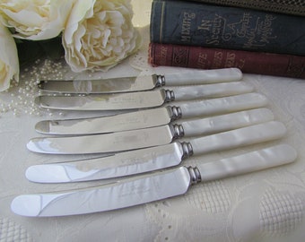 Vintage Set of 6 Dessert Cutlery - W V Finley Sheffield Stainless Steel & Faux Mother of Pearl Handles - circa 1960's