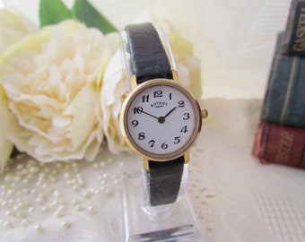 Vintage Rotary Ladies Watch - Gold Plated Finish With Patent Black Leather Strap