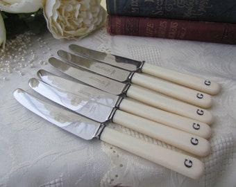 Vintage Set of 6 Butter Spreaders, Tea or Side Flatware/Cutlery - Sipelia Sheffield  - Stainless Steel & Faux Bone - Circa 1950's - Boxed