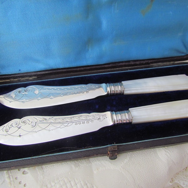 Antique Silver Plated Ornate Butter Spreaders with Carved Mother of Pearl Handles  - Lee & Wigfull, Sheffield England - Circa 1890's - Cased
