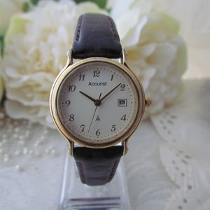 Vintage Ladies Accurist Quartz Wristwatch - Gold Plated Stainless Steel on a Leather Strap - Circa 1990&#39;s - (engraving to the back of watch)