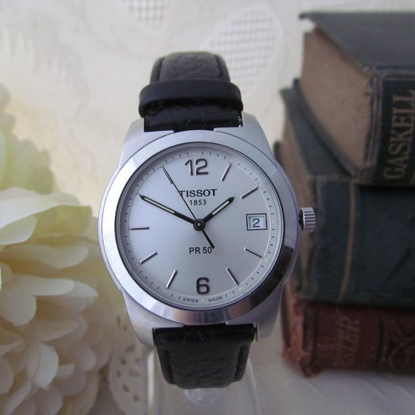 Rare Tissot 1853 PR50 Men's Quality Swiss Quartz Wristwatch - Steel Case With Black Leather Strap - Beautiful Vintage Watch - Good Condition