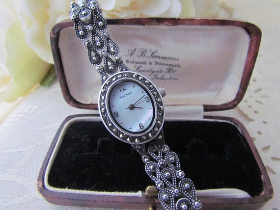Vintage Sekonda Marcasite and Mother of Pearl Ladies Quartz Wristwatch Marcasite and Stainless Steel Bracelet A Beautiful Watch Etsy