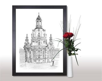 Frauenkirche Dresden, 40 x 30 cm, art print after a pencil drawing by Michael Richter, signed, with or without frame