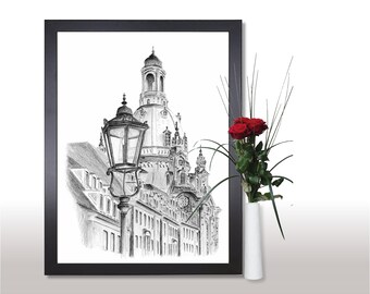 Frauenkirche and Münzgasse, 40 x 30 cm, art print based on a pencil drawing by Michael Richter, signed, with or without frame