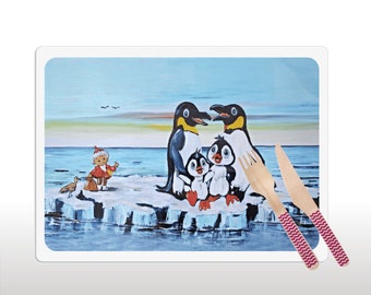 Sandmann at the Penguins - placemat, placemat, painting pad, kneading pad according to a hand-painted motif by Silke Ludewig - 30 x 40 cm