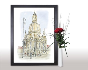 Frauenkirche Dresden, 40 x 30 cm, art print after a hand-painted watercolor by Michael Richter, signed, with or without frame
