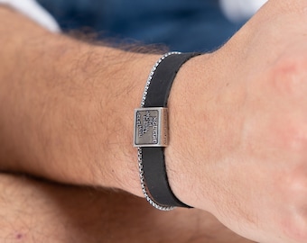 Hineni Hebrew Prayer Bracelet – Silver Plated Brass, Leather Scripture Jewelry