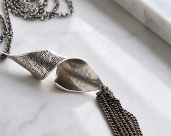 Shema Israel Necklace, Silver Plated Brass Tassel Pendant, Hebrew Prayer Jewelry