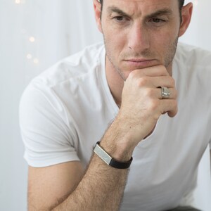 Men Leather Bracelet, Men Silver Bracelet, Engraved Bracelet, Men's