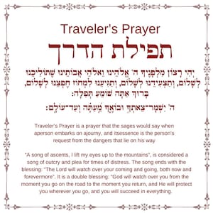 May include: A framed image with a brown border and a white background. The image features a Hebrew prayer, "Traveler's Prayer", written in black text. The prayer is translated into English below the Hebrew text. The image is a traditional Jewish prayer for safe travels.