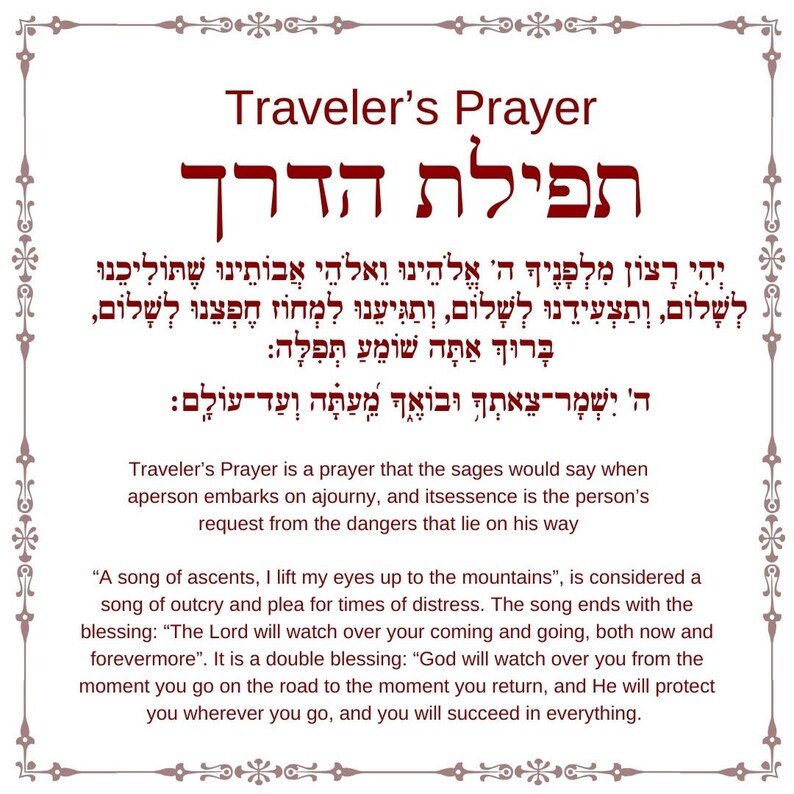 May include: A framed image with a brown border and a white background. The image features a Hebrew prayer, "Traveler's Prayer", written in black text. The prayer is translated into English below the Hebrew text. The image is a traditional Jewish prayer for safe travels.