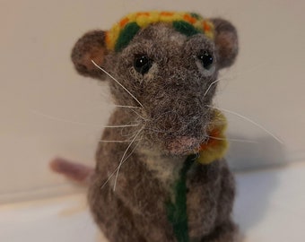 Needle felted tiny mouse with felted flower detailing, hand made miniature.