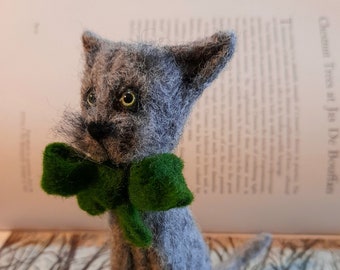 Needle felted grey cat wool sculpture with green scarf detailcollectable or unique gift.