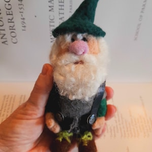 Needle felt gnome miniature sculpture with braces, beard and all things gnomey!!