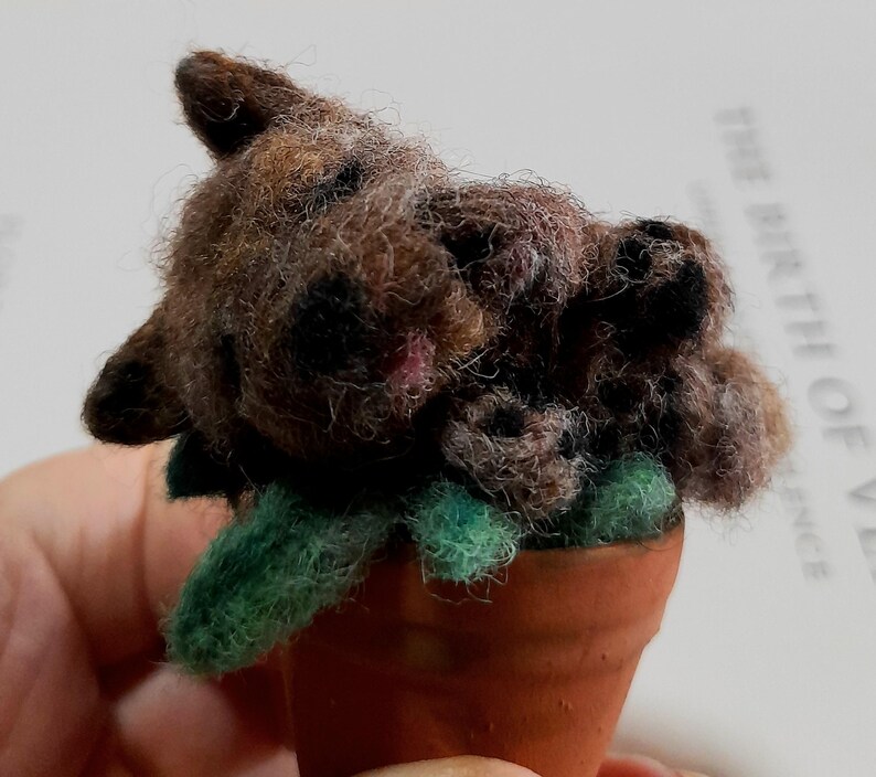 Little Clay Plant Pot With Sleepy Felted Puppy Miniature Collectable