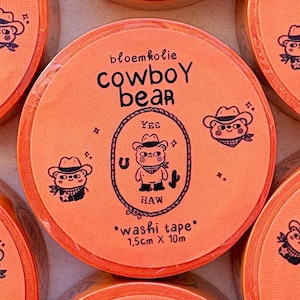 Cowboy Bear Washi Tape, Cute Brown Bear with Cowboy Hat, Western Aesthetic Masking Tape for Journaling and Scrapbooking, 15mm x 10m