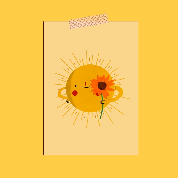 Sunflower Sun greeting card / A6 size / sunny days ahead / Cute and Kawaii illustration