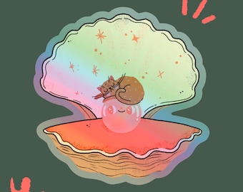 Pegatina holográfica de ostra y gato durmiendo / Calcomanías de animales lindos de gato