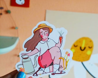 Garden girl sticker / cute girl garden sticker