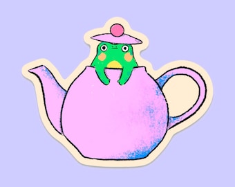 Frog in Teapot Matte Sticker | Cute Kawaii Frog Sticker | Quirky Tea Lover Vinyl Sticker | Cozy Frog Illustration