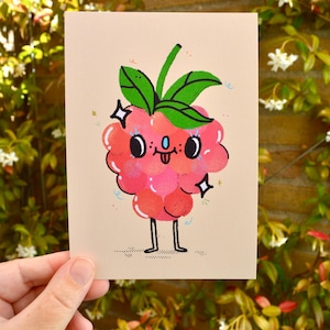 Carte postale Framboise / Illustration esthétique kawaii rêveuse / Baie amusante format A6