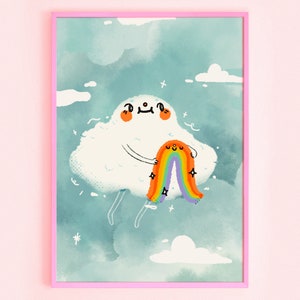 Op de afbeelding: Een witte wolk met een glimlachend gezicht houdt een regenboog met sterren in zijn armen. De wolk zweeft in een blauwe lucht met witte wolken.