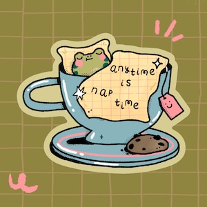 Pegatina de rana en taza de té | Vinilo acogedor y kawaii | Apto para lavavajillas e impermeable.