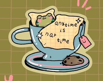 Nap Time Frog in Teacup Sticker | Cozy and Kawaii Vinyl Sticker | Stationary / Dishwasher safe and Waterproof