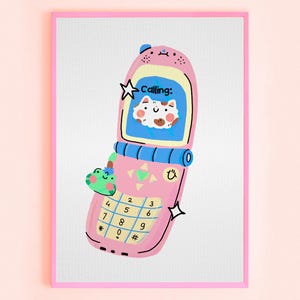 Cat Flip Phone Art Print | A5 Illustration | Cute Cat Calling Decor for Retro Lovers / A5 Print / old school art print / Kawaii aesthetic
