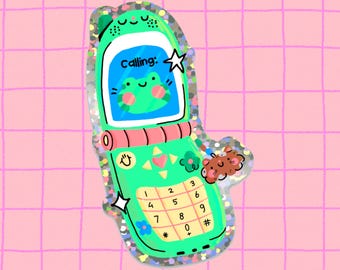 Frog Flip Phone Glitter Sticker | Dishwasher Safe | Cute, Kawaii Waterproof Sticker for Laptops, Water Bottles, & More
