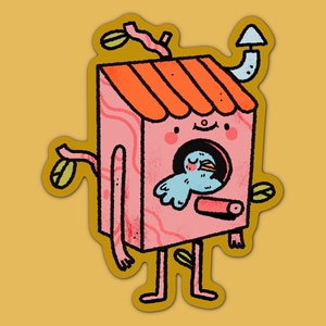 Süßer blauer Vogelhaus-Vinyl-Aufkleber / süße und kawaii Briefpapier und Illustrationen
