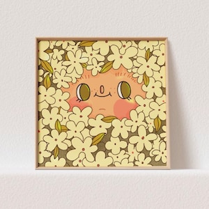 Op de afbeelding: Een cartoon gezicht met grote bruine ogen en een kleine neus kijkt uit een veld met gele bloemen. Het gezicht is perzikkleurig met roze wangen.