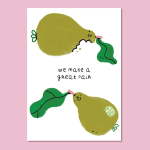 Superbe paire de poires / Carte de vœux pastel amusante et mignonne de Kawaii / illustrée à l'intérieur d'une carte postale