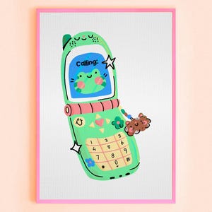 Frog Flip Phone Art Print | A5 Illustration | Cute Frog Calling Decor for Retro Lovers / A5 Print / old school art print / Kawaii aesthetic