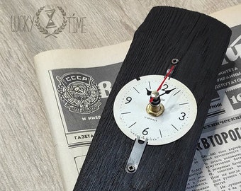 Black Wooden Wall Clock by “Copper Cat Art Group”/ Wooden Art / Bracket clock / Steampunk / Natural wood clock design