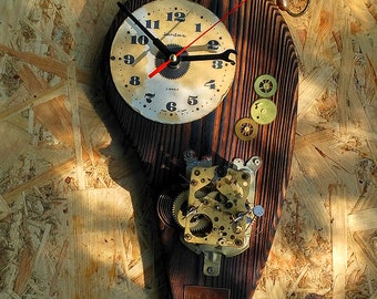 Steampunk Wooden Wall Clock "LuckyTime Project" by "Copper Cat Art Group" Home retro decor "Eco" & "Recycle"