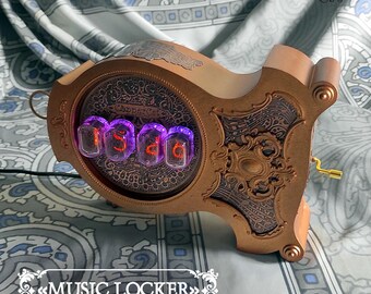 Unique Nixie tube table clock 4xIN-12 «Music Locker» from the «Copper Cat Art Group»