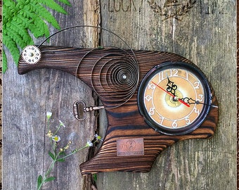 Steampunk Wooden Wall Clock "LuckyTime Project" by "Copper Cat Art Group" Old Natural wood Unique item
