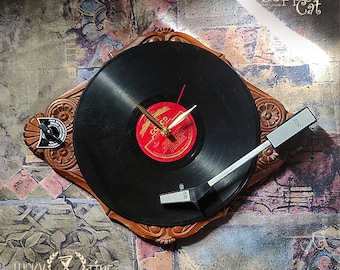 Steampunk Designer Wooden Clock / Wooden Art / Vinyl disk clock / Natural wood clock design/ Home decor