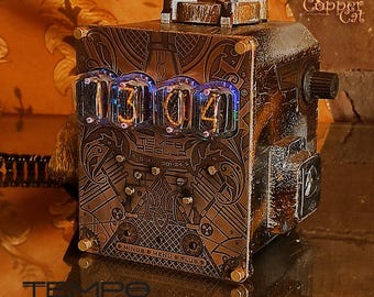 Unique Nixie tube table clock 4xIN-12 «Tempo regula» from the «Copper Cat Art Group»