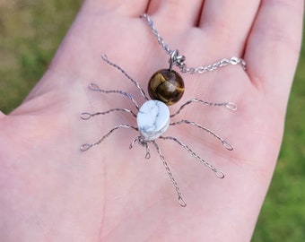 Stainless Steel Tiger's Eye Wire Beaded Spider Necklace