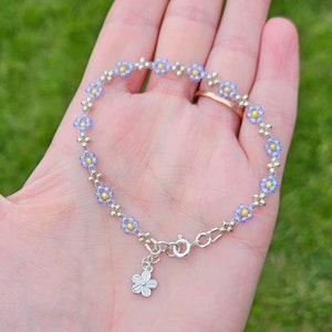 Daisy Bracelet, Blue Beaded Bracelet, Daisy Chain, Sterling Silver Findings, Blue Flowers, Beadwork Bracelet, Seed Bead Bracelet,
