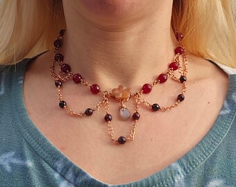 Copper Garnet Chandelier Choker with Agate Flower and Mocha Moonstone