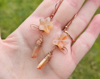 Copper Agate Flower Earrings with Quartz Shards